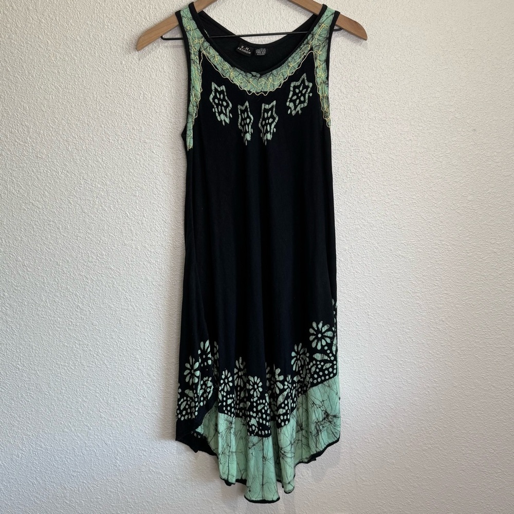 S.R. Fashion Womens 100% Rayon Dress Free Size Black Mint Batik Boho Hippie